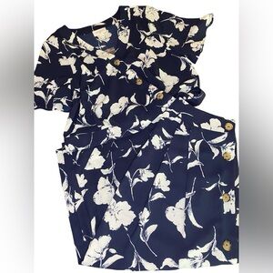 NWT Everly Two Piece Dress Women’s M Top Skirt Buttons Navy White Floral Spring